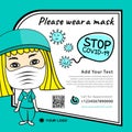 Healthcare post social media template with Female doctor wearing a surgical mask cartoon vector, Coronavirus or covid-19 campaign