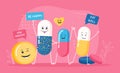 Healthcare poster design with happy pills holding banners Royalty Free Stock Photo