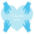 Healthcare poster. Doctors save lives. Hands wearing gloves. Medical workers are heroes