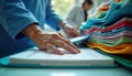 Healthcare professional sorts patient files. Person organizes medical records in color-coded folders. Efficient data retrieval