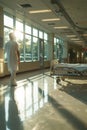 A healthcare professional walks down a brightly lit hospital corridor at sunset.