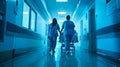 Healthcare professionals walking in hospital corridor with patient on wheelchair. Clinical, urgent care scene. Hospital Royalty Free Stock Photo