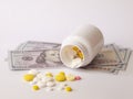 Healthcare savings and expencive medicine concept. Pills scattered over dollar banknotes. Bottle of pills and money Royalty Free Stock Photo