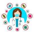 Healthcare services. Attack of different bacteria. Bacteria protection. Doctor with a mask on face