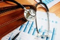 Healthcare Stocks concept. Business briefcase, stethoscope and financial market charts