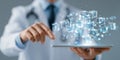 Healthcare technology: doctor using tablet with holographic UI blocks. Royalty Free Stock Photo