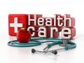 Healthcare text, stethoscope and red apple. 3D illustration