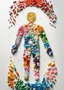 Healthcare and treatment concept with various colorful medical capsules and pills laid out in human shape on a white background