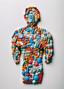 Healthcare and treatment concept with various colorful medical capsules and pills laid out in human shape on a white background