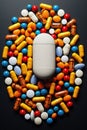 Healthcare and treatment concept with various multicolores medical capsules and pills on black background Royalty Free Stock Photo