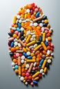 Healthcare and treatment concept with various multicolores medical capsules and pills on grey background Royalty Free Stock Photo