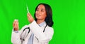 Healthcare, vaccine and a doctor woman on a green screen background to medicate using a syringe. Medical, injection