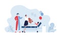 Healthcare volunteering and caregiving concept. Vector flat people illustration. Volunteer and clown make holiday for child Royalty Free Stock Photo