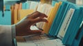 Healthcare worker efficiently organizing patient files in color coded folders for easy access