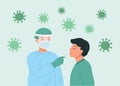 Healthcare worker with protective equipment performs coronavirus swab on young man.