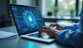 Healthcare worker types on laptop, emphasizing cybersecurity practices ensuring data safety. Medical worker uses secure Royalty Free Stock Photo