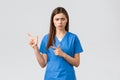 Healthcare workers, prevent virus, insurance and medicine concept. Concerned and alarmed young female doctor or nurse in