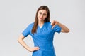 Healthcare workers, prevent virus, insurance and medicine concept. Skeptical and disappointed young female nurse, doctor
