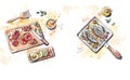 healthey food prepare, grill fish in olive oil and fresh tomatoes and avocados watercolor illustration Royalty Free Stock Photo