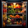 Healthful bounty Opened refrigerator reveals a cornucopia of fresh produce