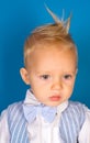 Healthier hair from root to tip. Small child with messy top haircut. Boy child with stylish blond hair. Small boy with Royalty Free Stock Photo