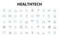 HealthTech linear icons set. Telemedicine, Wearables, EHR, AI, Virtual reality, Robotics, Nanotechnology vector symbols