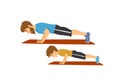 Healthy active family lifestyle, father and son doing push ups exercises workout together