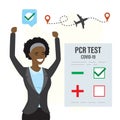 Healthy african american woman with negative PCR test for coronavirus. Happy female tourist ready to travel. Air route