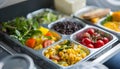 Healthy airplane meal with fresh ingredients served on a tray table, emphasizing nutritious in-flight dining options Royalty Free Stock Photo