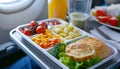 Healthy airplane meal with fresh ingredients served on a tray table, emphasizing nutritious in-flight dining options Royalty Free Stock Photo