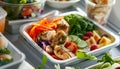Healthy airplane meal with fresh ingredients served on a tray table, emphasizing nutritious in-flight dining options Royalty Free Stock Photo