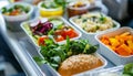 Healthy airplane meal with fresh ingredients served on a tray table, emphasizing nutritious in-flight dining options Royalty Free Stock Photo
