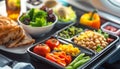 Healthy airplane meal with fresh ingredients served on a tray table, emphasizing nutritious in-flight dining options Royalty Free Stock Photo