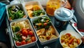 Healthy airplane meal with fresh ingredients served on a tray table, emphasizing nutritious in-flight dining options Royalty Free Stock Photo