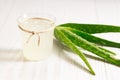 Aloe vera juice in a glass on wooden paddle board Royalty Free Stock Photo