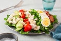 healthy American Cobb salad with egg bacon avocado chicken tomato. hearty keto low carb diet Royalty Free Stock Photo