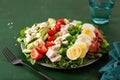 healthy American Cobb salad with egg bacon avocado chicken tomato. hearty keto low carb diet Royalty Free Stock Photo