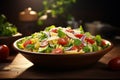 Healthy and appetizing salad sits prominently atop the table