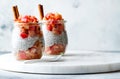 Healthy apple pie chia pudding with cinnamon in a glass jar. Seasonal autumn breakfast. Vegan healthy breakfast