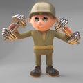 Healthy army soldier exercises with dumbell weights, 3d illustration