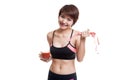 Healthy Asian girl diet with tomato juice and measuring tape on Royalty Free Stock Photo