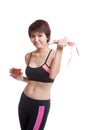 Healthy Asian girl diet with tomato juice and measuring tape on Royalty Free Stock Photo