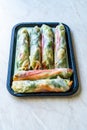 Healthy Asian Vietnamese Spring Roll  Goicuon with Rice Paper Rolls and Avocado Mayonnaise Royalty Free Stock Photo