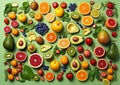 Healthy assorted fresh organic fruits and vegetables.Top view.AI generative