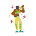 Healthy athletic woman drinking energy drink before gym workout, flat vector illustration isolated on white background.