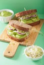 Healthy avocado sandwich with cucumber alfalfa sprouts onion Royalty Free Stock Photo