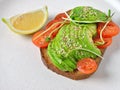 Healthy avocado sandwich , dark bread.