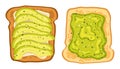 Healthy avocado toast. Bread topped with avocado and sesame seeds, nutritious breakfast meal vector illustration