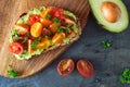 Healthy avocado toast with cherry tomatoes, close up table scene over a dark background Royalty Free Stock Photo