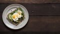 Healthy Avocado Toast with Poached Egg on Wooden Table, Copy Space